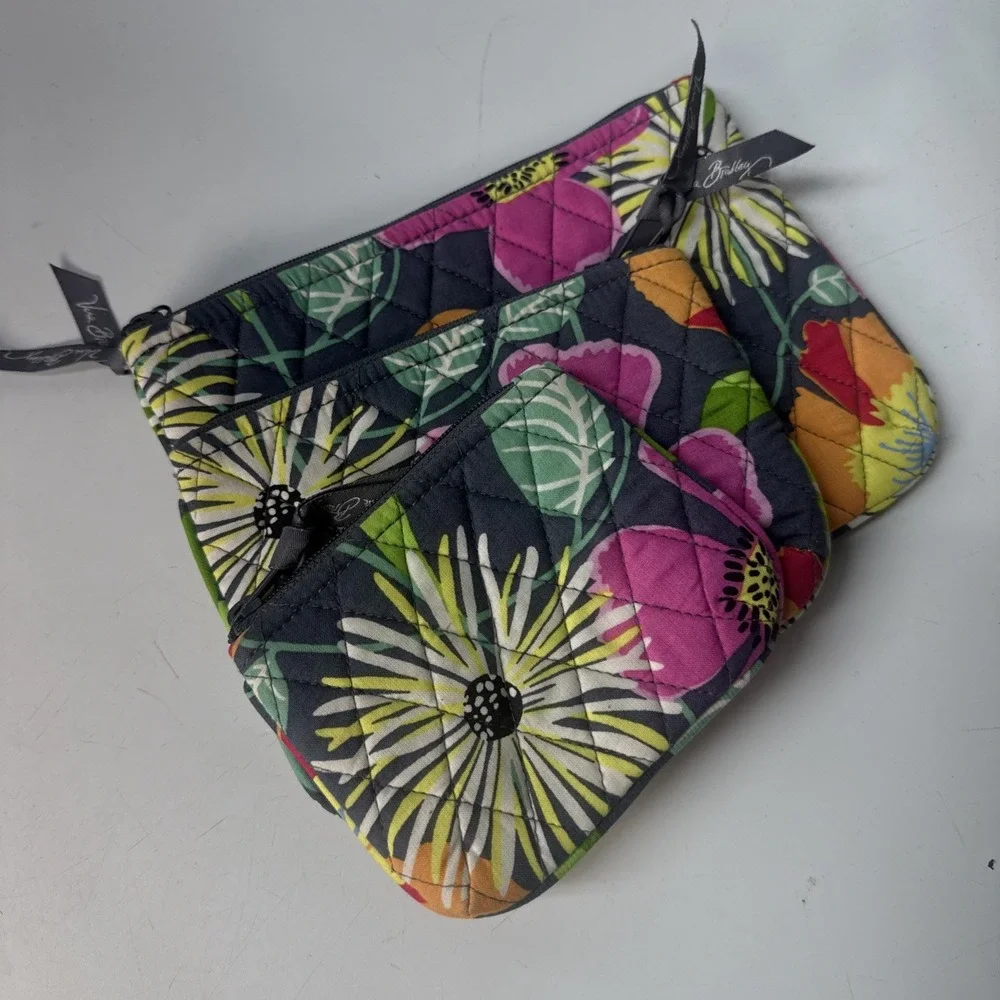 Vera Bradley JAZZY BLOOMS COSMETIC TRIO Set of 3 Travel Zip Organizer Cases